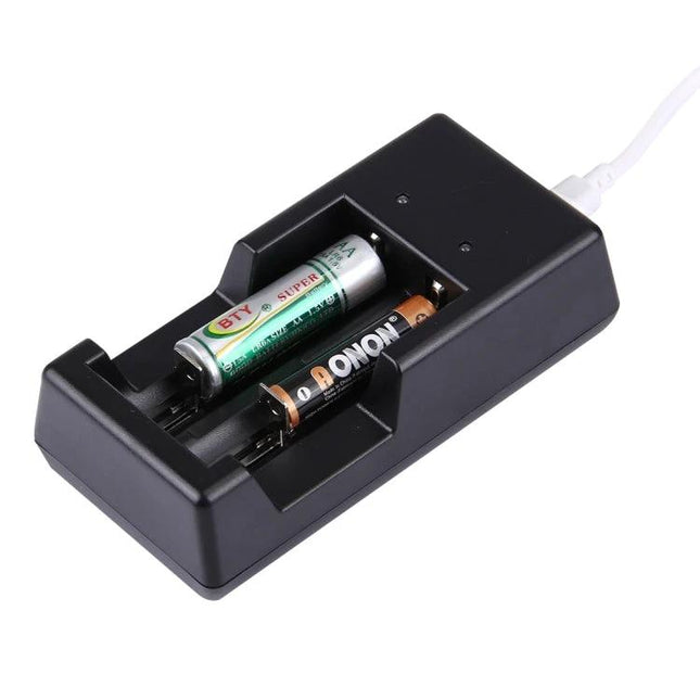 Universal USB Charger for 1.2V and 3.7V Rechargeable Batteries - black USB battery charger with AA and 3.7V cells inserted
