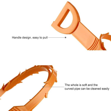 A Practical Gadget for Daily Household Drain Maintenance orange pull-handle drain cleaner with soft curved bar for hair and debris