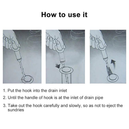 A Practical Gadget for Daily Household Drain Maintenance showing step-by-step hook insertion and removal to pull hair and debris from sink or shower drain