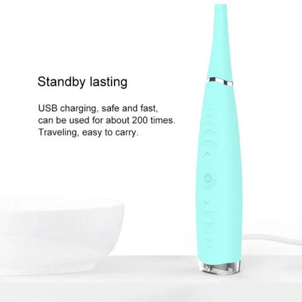 LSHOW Teeth Polisher With Five Speed USB Charging For Home Use turquoise ultrasonic handheld device standing next to sink, USB charging, IPX6 waterproof
