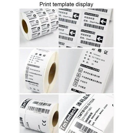 Label Printer Paper Sticker 20x30mm For Home Labeling roll showing printed sample templates for jars, cables, files and storage bins