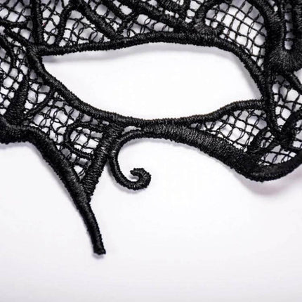 Lace Bat Mask For Halloween Masquerade Party One Size Fits Most - close-up of black handmade lace bat eye mask with strap