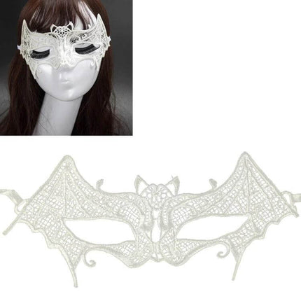 Lace Bat Mask For Halloween Masquerade Party One Size Fits Most - handmade eco-friendly white lace bat eye mask with strap