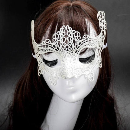 Lace Fox Mask for Halloween Masquerade Party One Size Fits Most — white handmade eco-friendly lace fox masquerade mask on mannequin