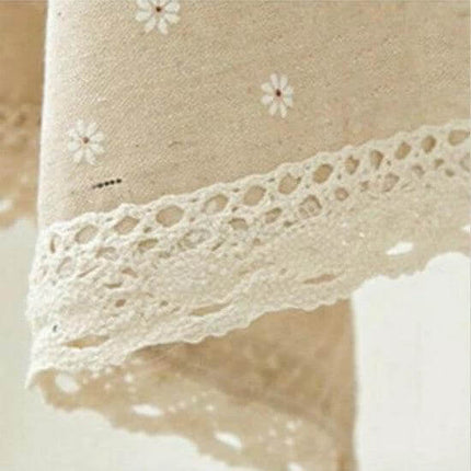 Lace Tablecloth For Dining And Events In Linen Blend showing linen blend fabric with delicate lace trim and small floral print