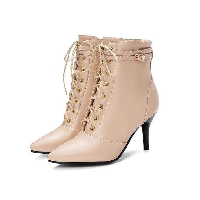 Lace Up Stiletto Ankle Boots With Side Zipper For Everyday Wear in beige pointed-toe 8 cm heel with lace-up front and side buckle