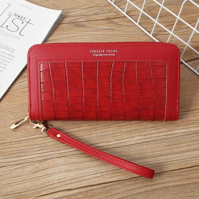Alt Tag: Ladies Long Zip Wallet For Everyday Use Fits Cards And Cash - Red PU Croc Textured Zip Wallet With Wrist Strap