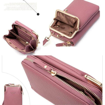 Ladies Mobile Phone Bag Pebbled For Everyday Errands - Pink pebbled PU leather phone bag with card slots, coin clasp and zip compartment, 18x5x11cm