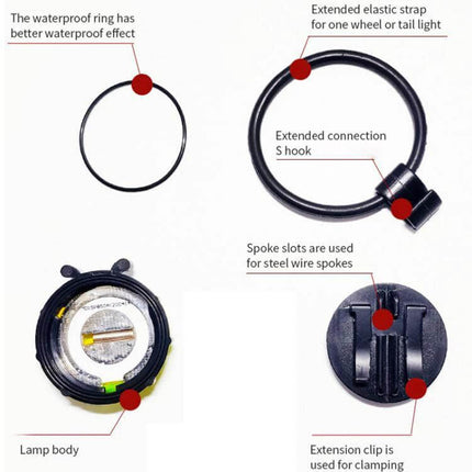 Ladybug Wheel Light For Kids Bike Smart Red Night Safety compact ABS wheel light with strap, 4 LED beads, waterproof ring and S-hook installation
