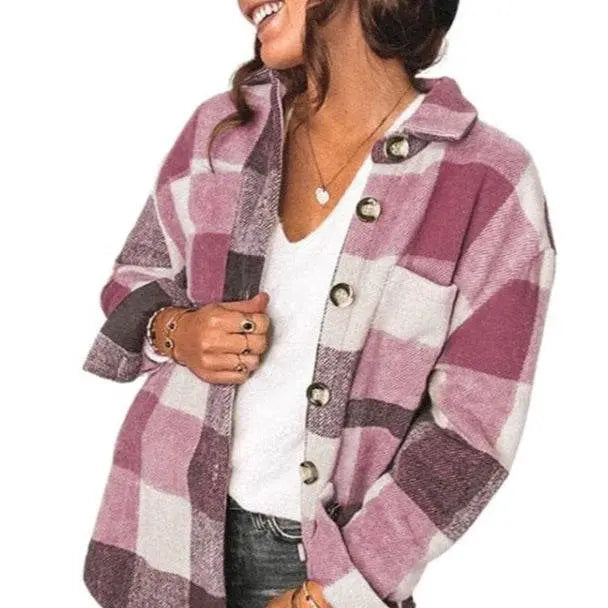 Lapel Long Sleeve Flannel Check Shirt Casual Jacket for Ladies