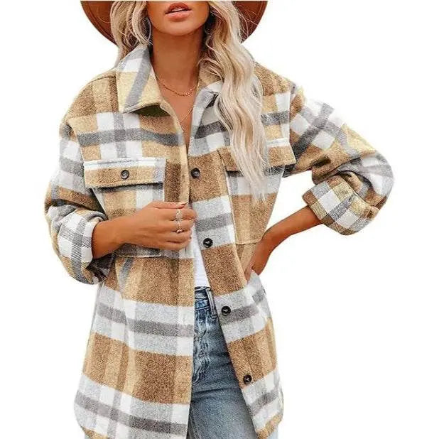 Lapel Long Sleeve Flannel Check Shirt Loose Casual Jacket