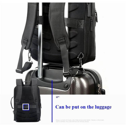 Laptop Backpack for Work With Anti-Theft Pocket for Daily Commutes shown strapped to luggage trolley, rear anti-theft pocket and padded back visible