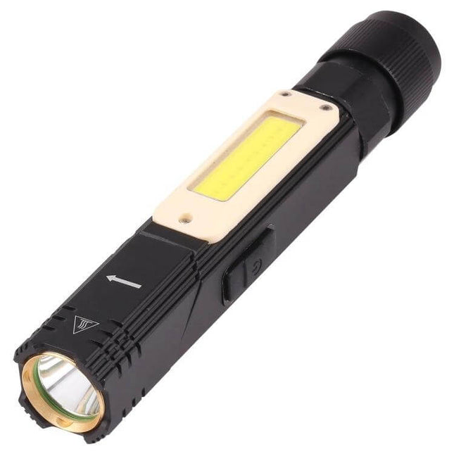 Large 90 Degree Folding Multi-Functional LED Flashlight, 5 Modes with aluminum body, rotating head and COB strip for camping and emergency use