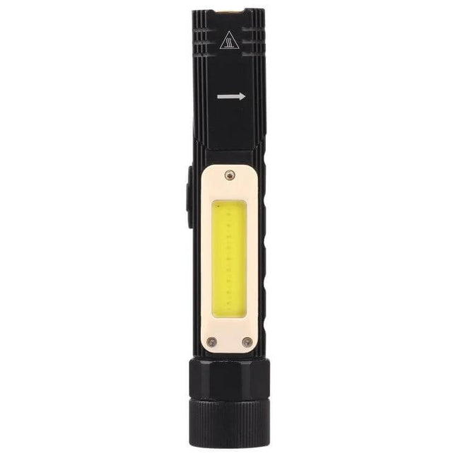 Large 90 Degree Folding Multi-Functional LED Flashlight, 5 Modes shown upright with COB side light and rotating head for camping, workshop, and emergency use