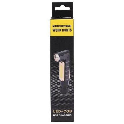 Large 90 Degree Folding Multi-Functional LED Flashlight, 5 Modes in retail packaging showing angled head, COB side light, USB charging - durable aluminum body