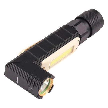 Large 90 Degree Folding Multi-Functional LED Flashlight, 5 Modes showing aluminum body, 90° rotating head and COB/XPG lights for camping and emergencies