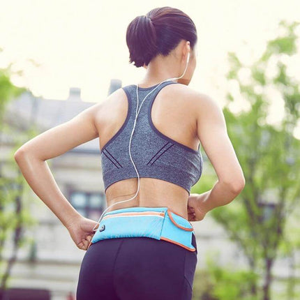 Large Capacity Outdoor Waist Pack for Jogging and Gym worn by jogger with earphones, water-resistant lightweight design