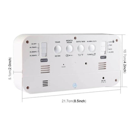 Large Screen LED Music Alarm Clock With Temperature Display showing rear controls, dimensions and buttons for time, date, temperature and tunes