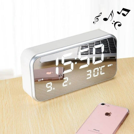 Large Screen LED Music Alarm Clock With Temperature Display showing time, date and 30°C on a mirrored large LED screen