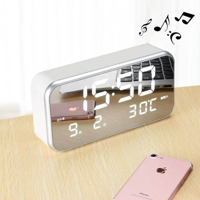 Large Screen LED Music Alarm Clock With Temperature Display showing time, date and 30°C on a mirrored large LED screen