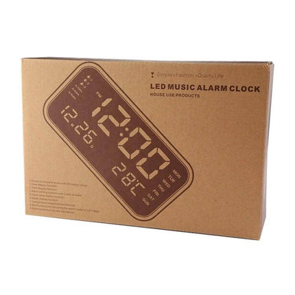Large Screen LED Music Alarm Clock With Temperature Display in retail packaging showing time, date and temperature on large LED screen