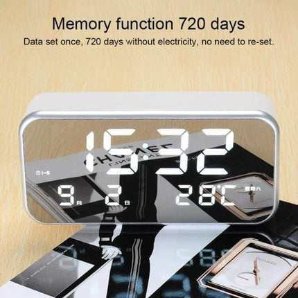 Large Screen LED Music Alarm Clock With Temperature Display showing large white time digits, date, day and 28°C temperature on mirrored screen