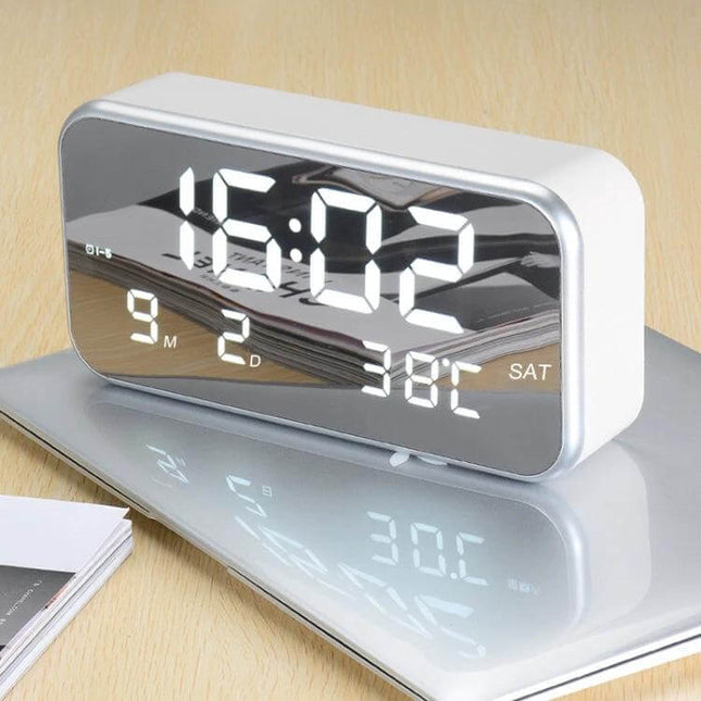 Large Screen LED Music Alarm Clock With Temperature Display showing time, date, day and 38°C indoor temperature on mirrored LED screen