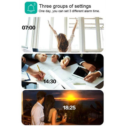 Large Screen LED Music Alarm Clock With Temperature Display showing three alarm times (07:00, 14:30, 18:25) with morning, work, and evening scenes