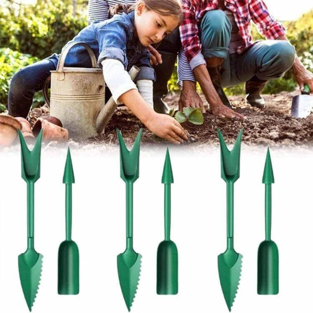 Large Seedling Remover Set for Potting and Transplanting with dual hole punch and spreading spoon shown alongside gardeners planting seedlings
