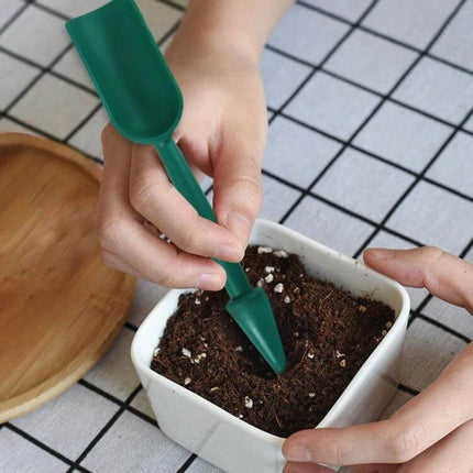 Large Seedling Remover Set for Potting and Transplanting - dual-tool green hole punch and spreading spoon used to transfer succulent seedlings into a small pot