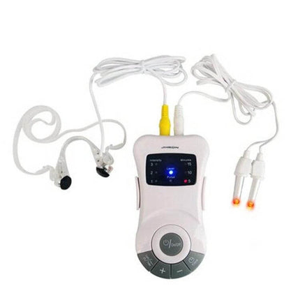 Compact white Laser Rhinitis Treatment Instrument for Allergy Relief with earbuds, nasal probe tips, and digital timer display for portable use