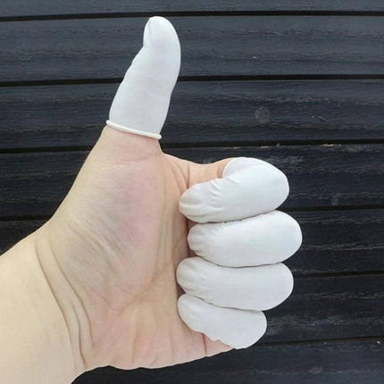 Latex Anti-Static Finger Cot 2x6cm for Electronics Handling - 50-pack white finger cots on hand showing thumb and fingers for precise electronics assembly