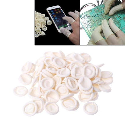 Latex Anti-Static Finger Cot 2x6cm for Electronics Handling – 50 pack showing white latex finger cots used for phone touch and circuit board work