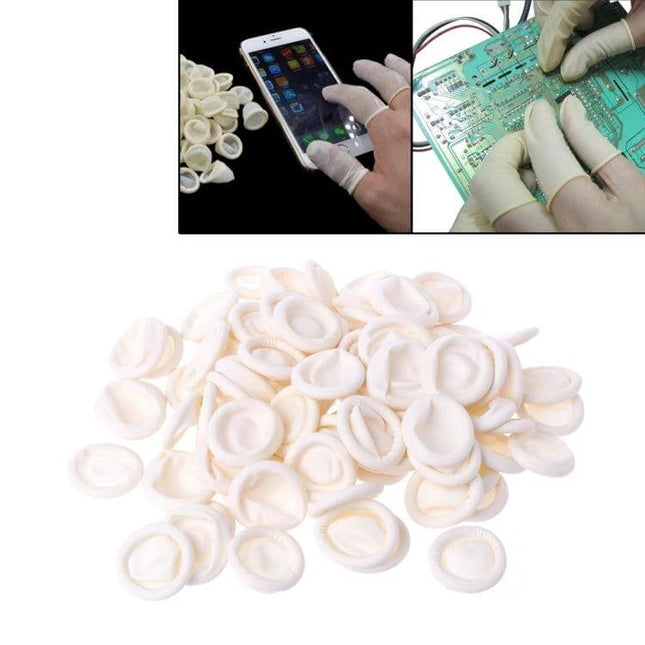 Latex Anti-Static Finger Cot 2x6cm for Electronics Handling – 50 pack showing white latex finger cots used for phone touch and circuit board work