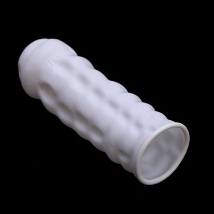 Latex Anti-Static Finger Cot 2x6cm for Electronics Handling white textured finger cot shown on black background, 50-piece pack use