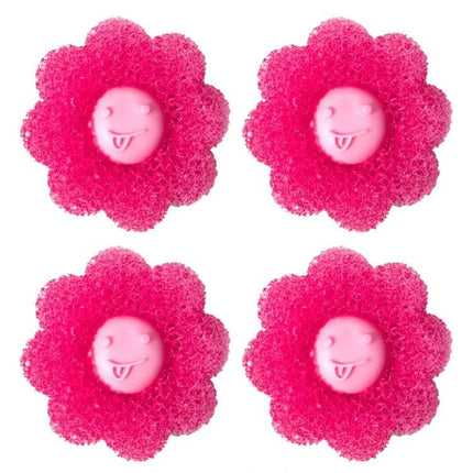 Laundry Cleaning Balls Set of 4 for Washing Machine - pink flower-shaped PU sponge lint and hair remover balls, set of four, protects delicates