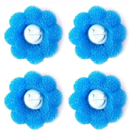 Laundry Cleaning Balls Set of 4 for Washing Machine - blue flower-shaped PU sponge lint and hair remover, protects delicates and reduces tangles