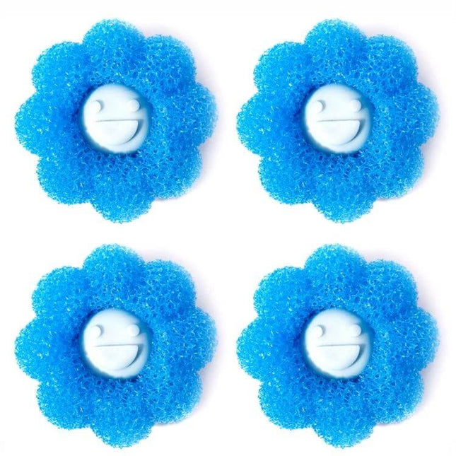 Laundry Cleaning Balls Set of 4 for Washing Machine - blue flower-shaped PU sponge lint and hair remover, protects delicates and reduces tangles