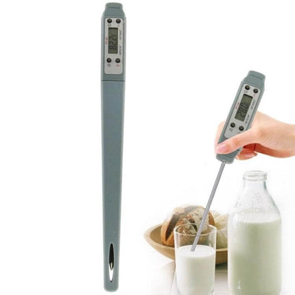 LCD Digital Food Thermometer for Everyday Home Cooking showing 140mm stainless steel probe and LCD display inserted into a glass of milk