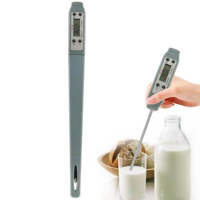LCD Digital Food Thermometer for Everyday Home Cooking showing 140mm stainless steel probe and LCD display inserted into a glass of milk
