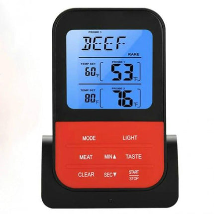 LCD Digital Food Thermometer With Dual Probes For Oven And Grill showing blue LCD display with dual probe temps and red control panel
