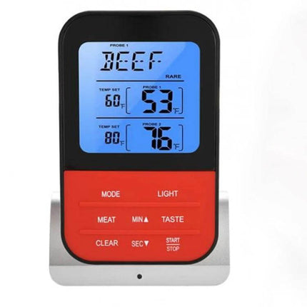 LCD Digital Food Thermometer With Dual Probes For Oven And Grill showing blue LCD with dual temps and red control panel