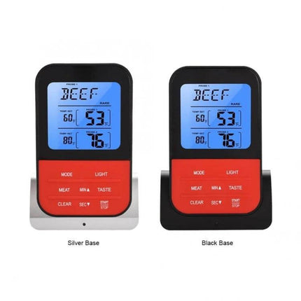 LCD Digital Food Thermometer With Dual Probes For Oven And Grill showing dual-display units with blue LCD, red control panel and silver or black base