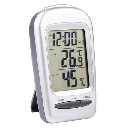 LCD Indoor Desk Thermometer Hygrometer With Date For Home And Office - compact silver LCD display showing time, temperature 26.9°C and 45% humidity