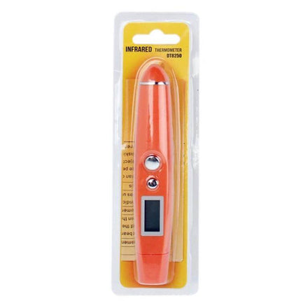 LCD Portable Infrared Thermometer for Non-Contact Temperature Readings - orange handheld LCD infrared thermometer in retail packaging