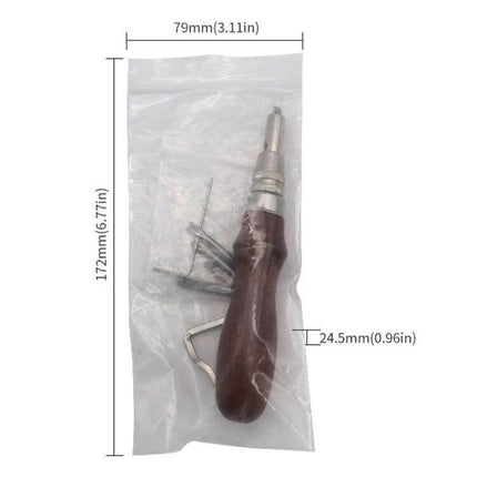 Leather Edge Presser Groove Cutter With Detachable Blades showing alloy body, solid wood handle and detachable blades in packaging