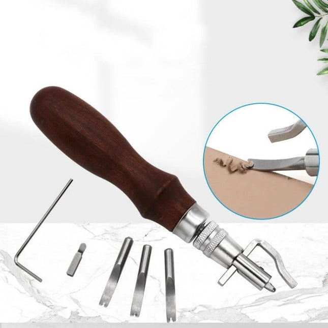 Leather Edge Presser Groove Cutter With Detachable Blades showing alloy body, solid wood handle and interchangeable blades for precise leather edging