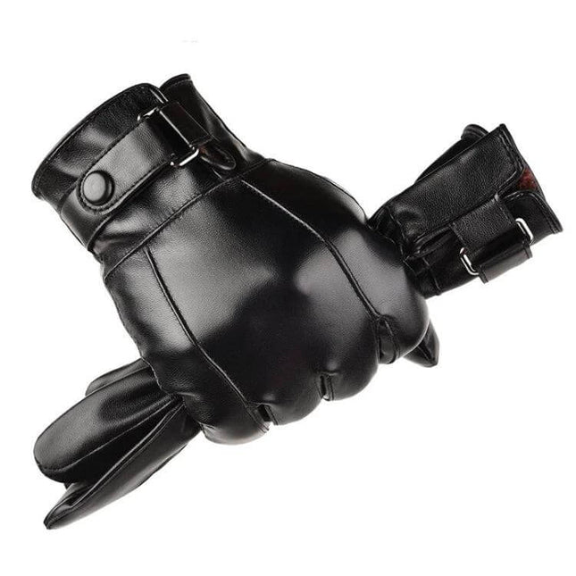 Leather Winter Gloves For Men With Touchscreen For Everyday Use - black PU leather waterproof gloves with velvet lining and adjustable buckle