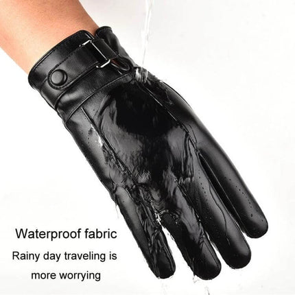 Black waterproof Leather Winter Gloves For Men With Touchscreen For Everyday Use showcasing water beading on PU leather and button strap closure