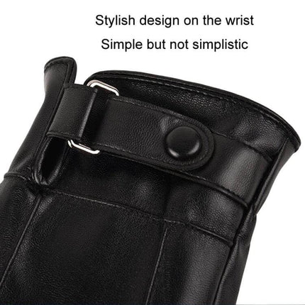Leather Winter Gloves For Men With Touchscreen For Everyday Use - black PU leather glove close-up with wrist strap buckle and button